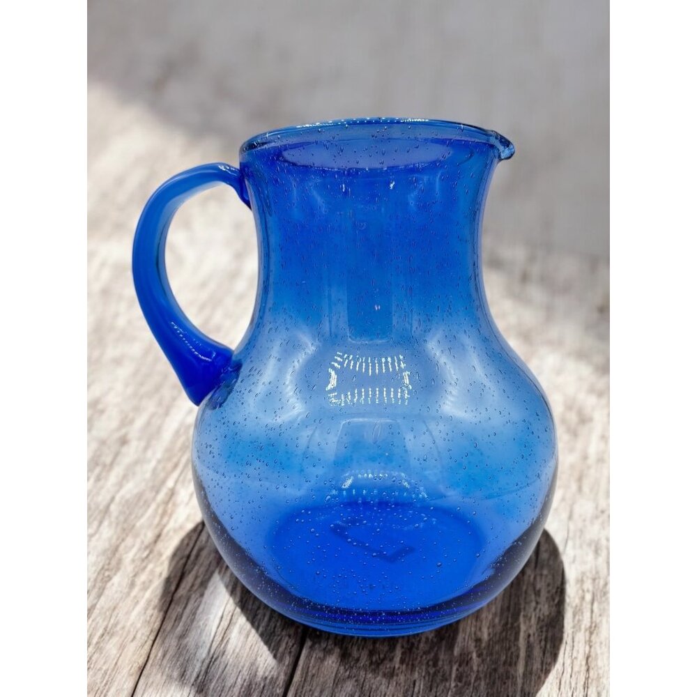 Vintage Cobalt Blue Bubble Blown Glass Water / Juice  Pitcher 8"